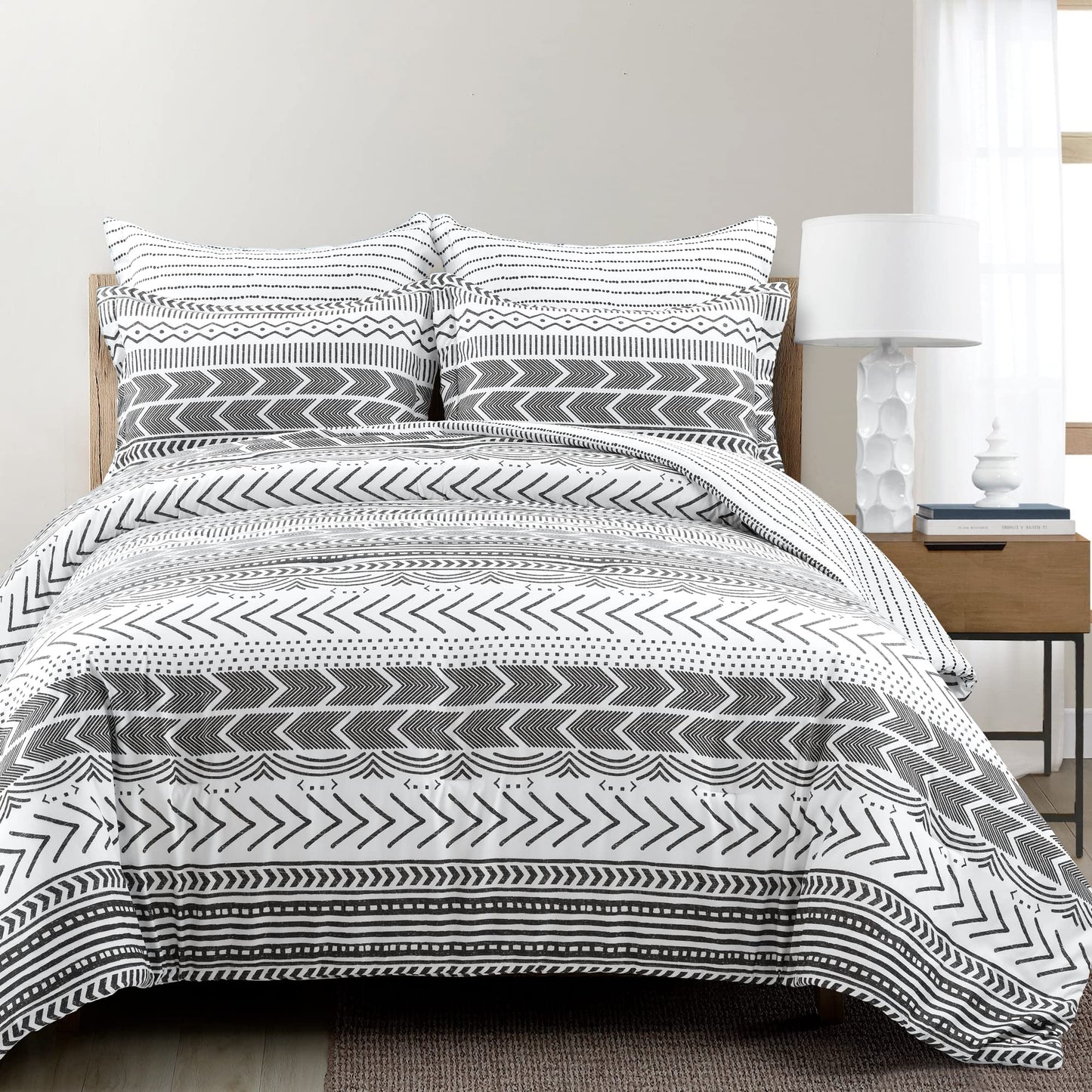 Hygge Geo Reversible 5 Piece Comforter Set, King, Black  White