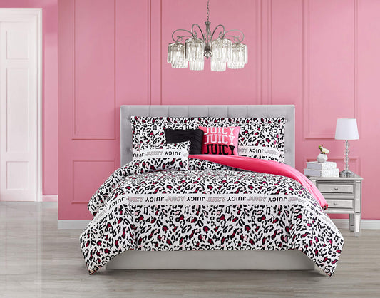 Hyper Leopard Reversible Bedding Set  Twin Size  Black White and Pink Leopard  5 Piece Set  Includes 1 66 inch x 90 inch Comforter, 3 Decorative Pillows, 1 Sham