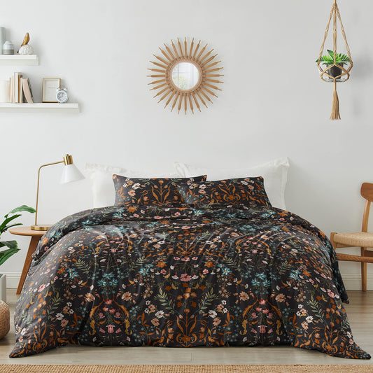 Boho Bohemian Farmhouse Black and Orange Wildflower Garden Floral Duvet Comforter Cover and Sham 3 pc. Full Queen Size Bed Bedding Set Bedroom Botanical Cottagecore Flower Vintage