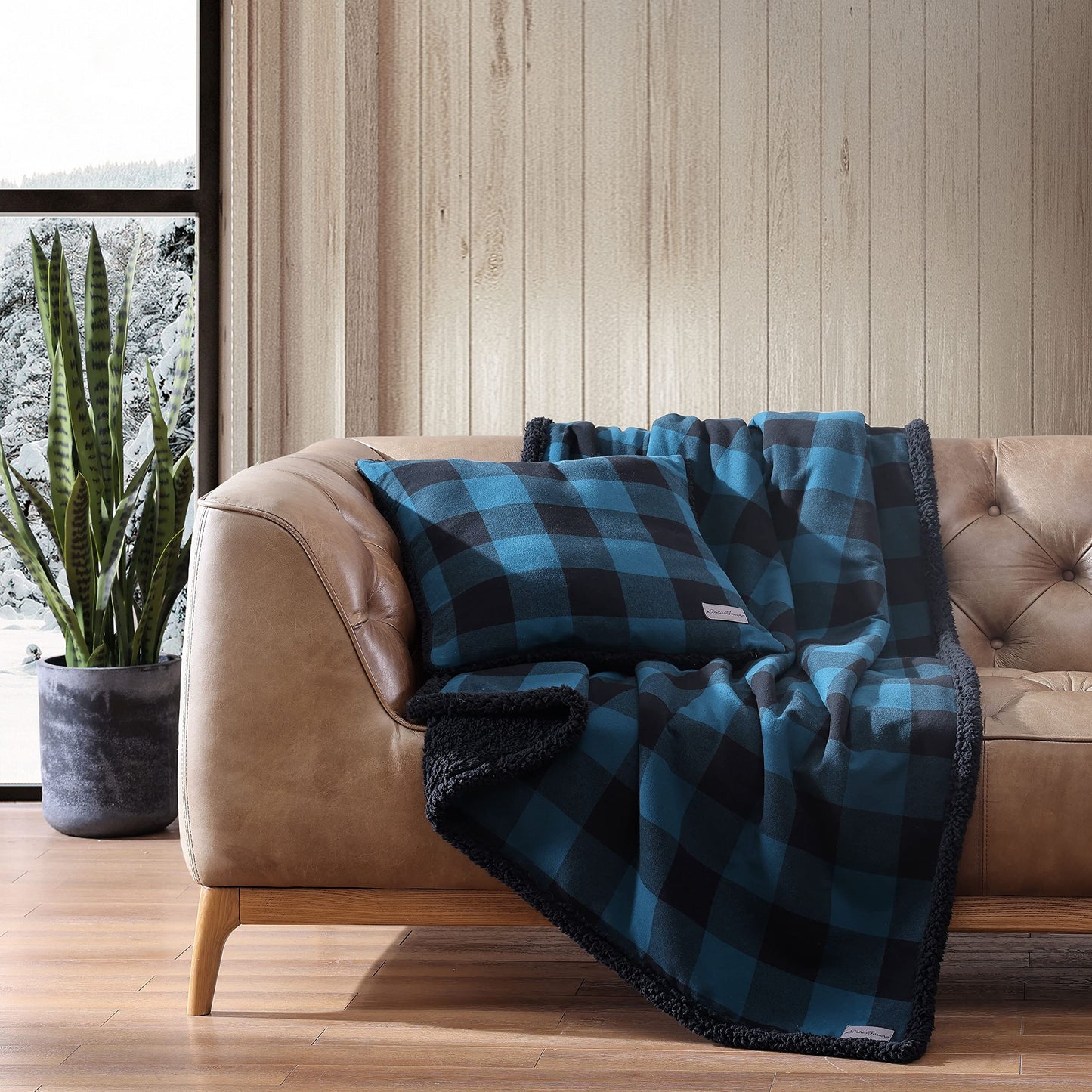 Throw Blanket with Pillow Cover Reversible Bedding Set, Buffalo Plaid Home Decor for All Seasons, 50" x 60", Blue/Black