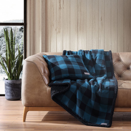 Throw Blanket with Pillow Cover Reversible Bedding Set, Buffalo Plaid Home Decor for All Seasons, 50" x 60", Blue/Black