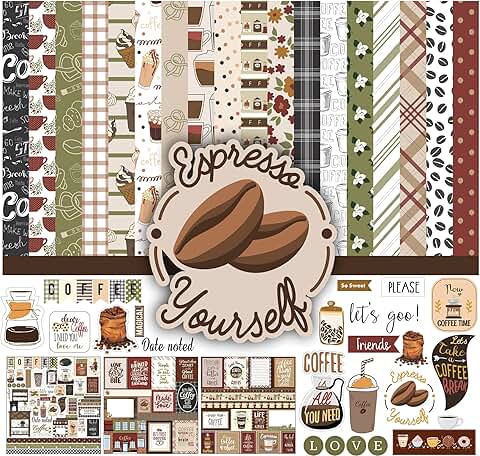 Coffee-themed double-sided scrapbook paper pack, 16 pages