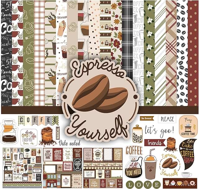 Coffee-themed double-sided scrapbook paper pack, 16 pages