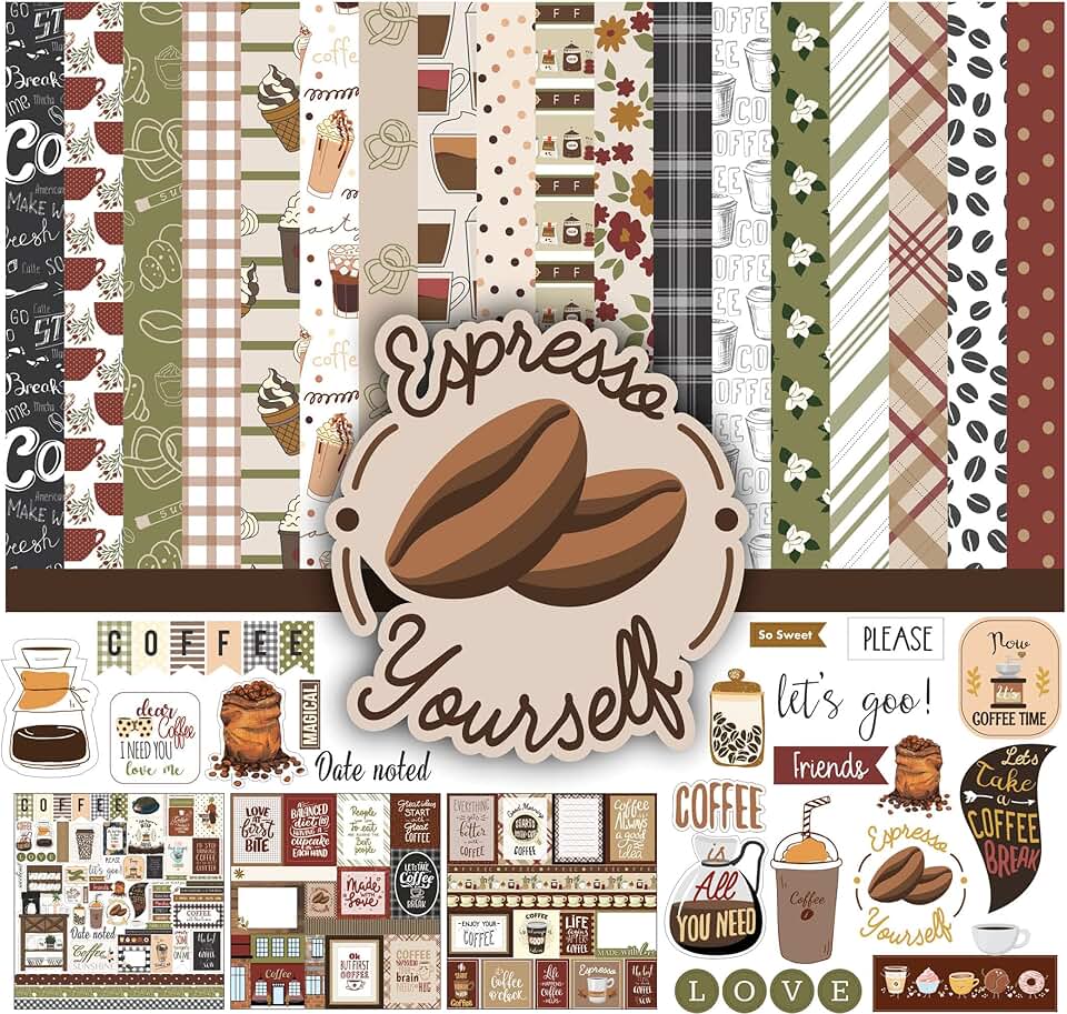 Coffee-themed double-sided scrapbook paper pack, 16 pages