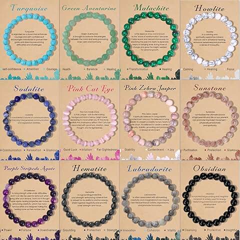 Set of 12 semi-precious gemstone stretch bracelets for women and men