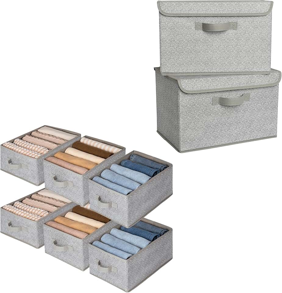 Bundle of 6 Gray Closet Storage Bins and 2 Storage Boxes