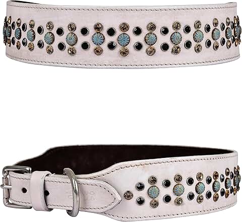 White Leather Dog Collar with Rhinestones and Padding
