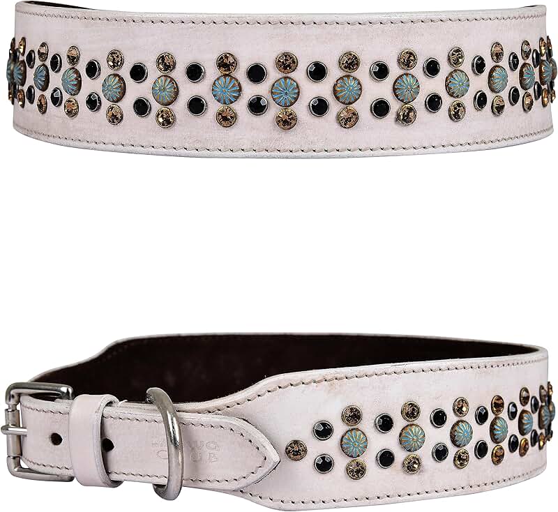 White Leather Dog Collar with Rhinestones and Padding