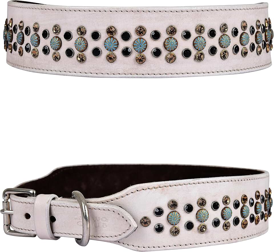 White Leather Dog Collar with Rhinestones and Padding