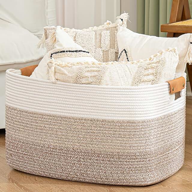 Woven Storage Basket with Leather Handle, 72L