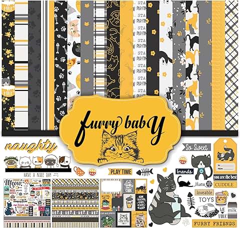 Black and Yellow Cat Theme Double-Sided Scrapbook Paper Pack