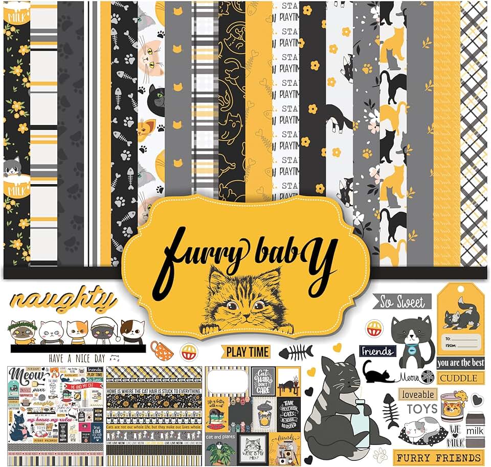 Black and Yellow Cat Theme Double-Sided Scrapbook Paper Pack