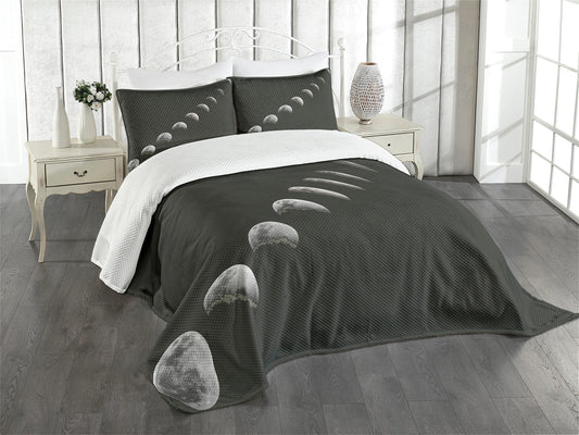Moon Phases Bedspread, Lunar Eclipse Changing Phase of The Moonstronomynd Universe Theme, Decorative Quilted 3 Piece Coverlet Set with 2 Pillow Shams, King Size, Grey Black