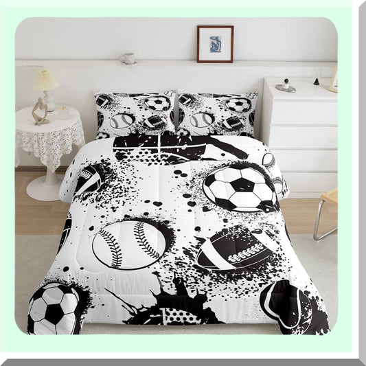 Sports Game Comforter Set - Queen Size | Basketball Baseball Football Hip Hop Graffiti Art Duvet Set | Black White Room Decor Bedding