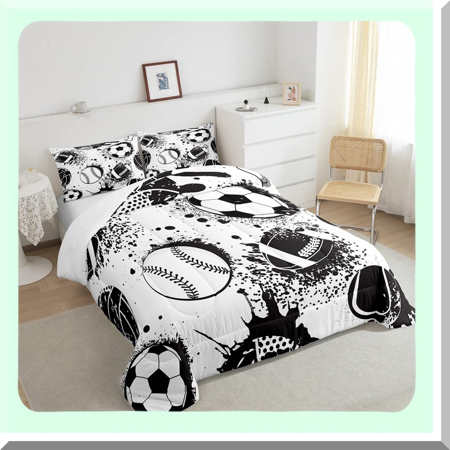 Sports Game Comforter Set - Queen Size | Basketball Baseball Football Hip Hop Graffiti Art Duvet Set | Black White Room Decor Bedding