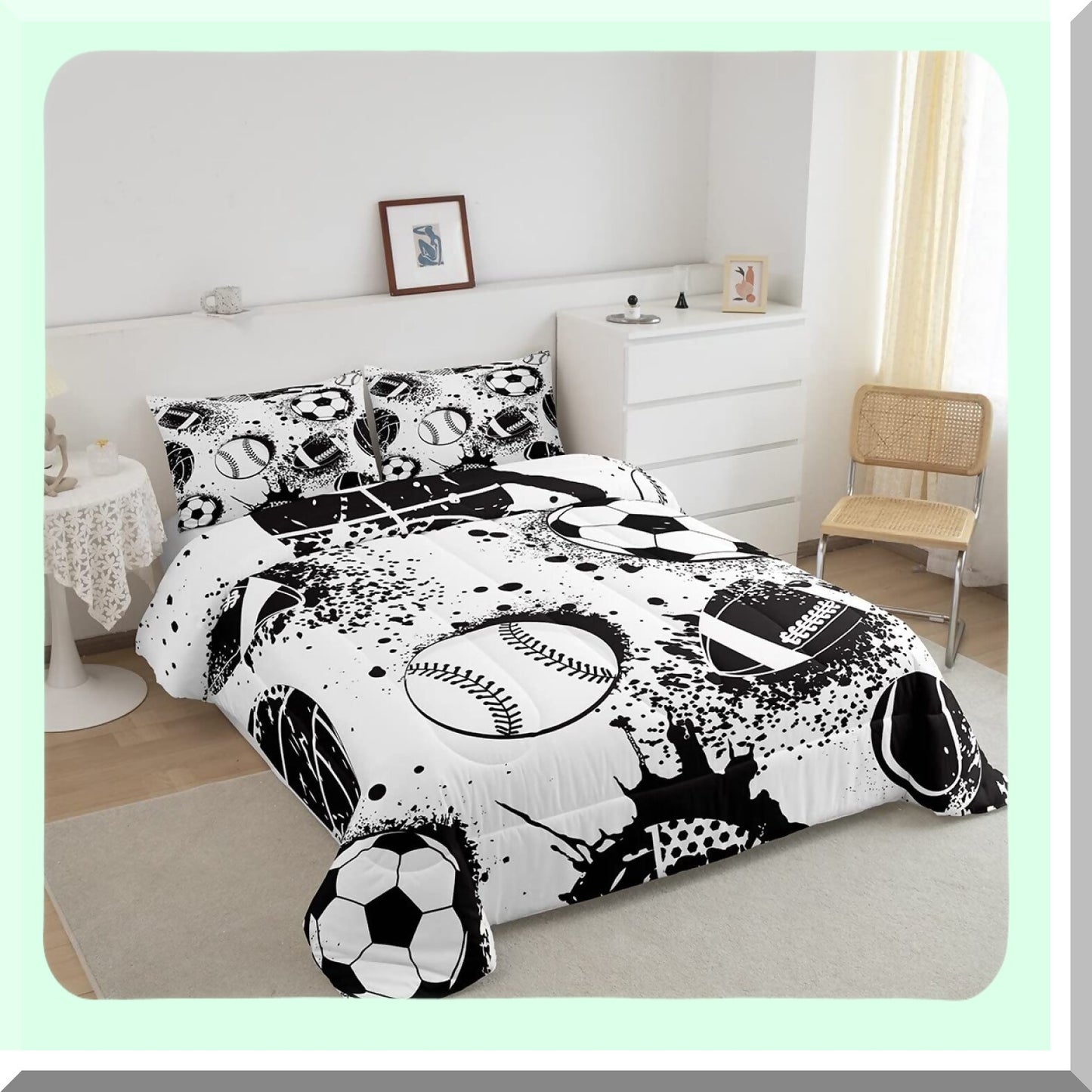 Sports Game Comforter Set - Queen Size | Basketball Baseball Football Hip Hop Graffiti Art Duvet Set | Black White Room Decor Bedding