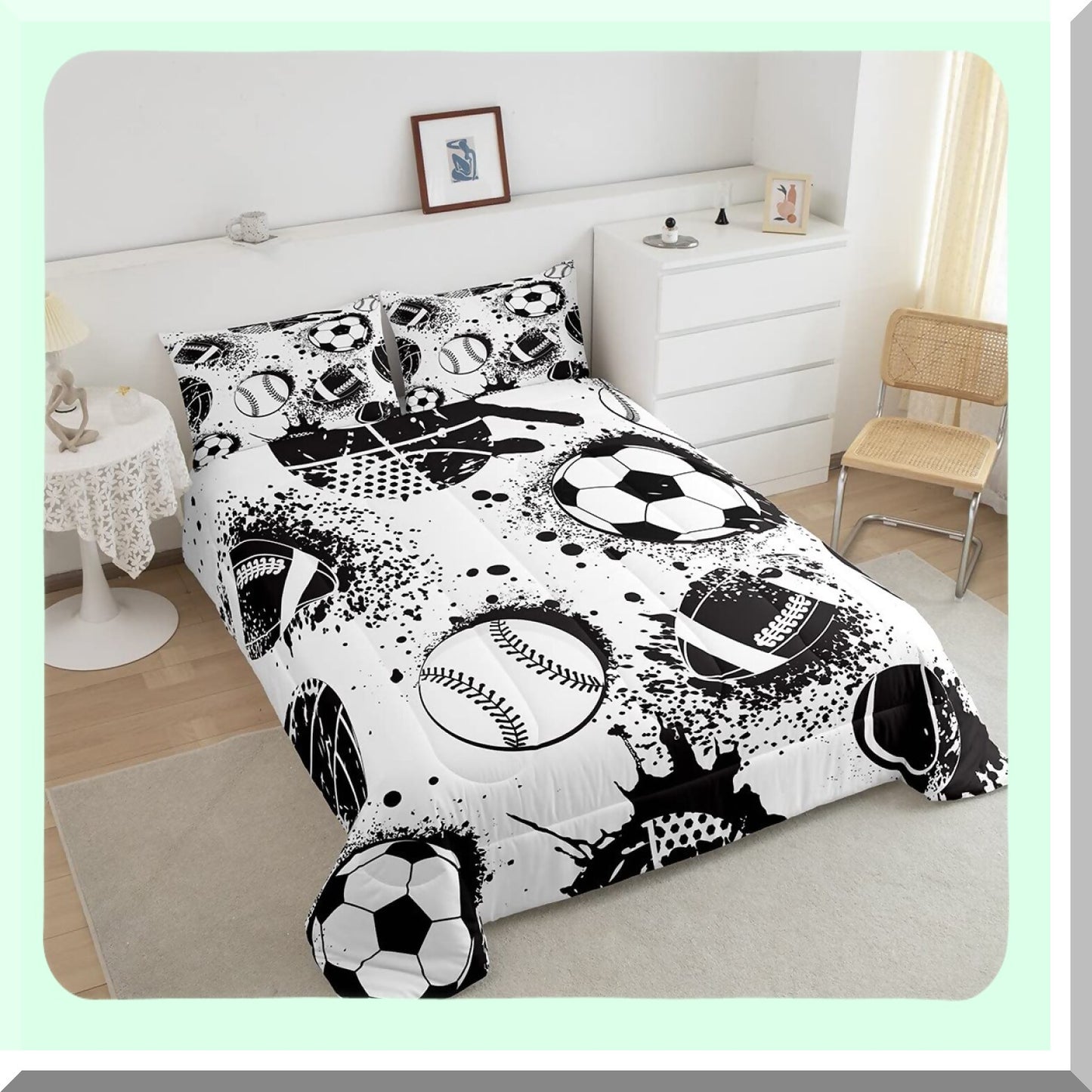 Sports Game Comforter Set - Queen Size | Basketball Baseball Football Hip Hop Graffiti Art Duvet Set | Black White Room Decor Bedding