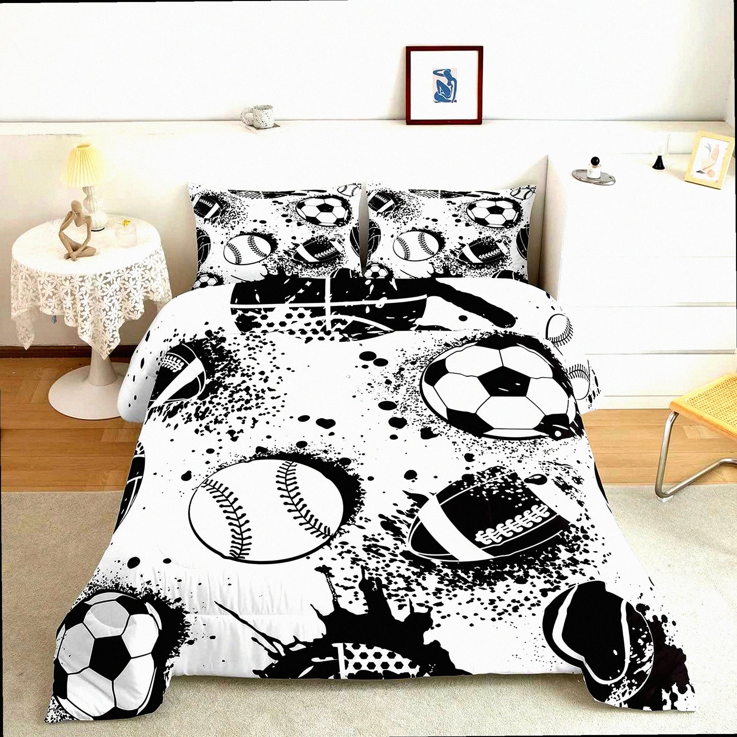 Sports Game Comforter Set - Queen Size | Basketball Baseball Football Hip Hop Graffiti Art Duvet Set | Black White Room Decor Bedding