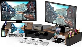 Rustic Brown Dual Monitor Stand with Drawer