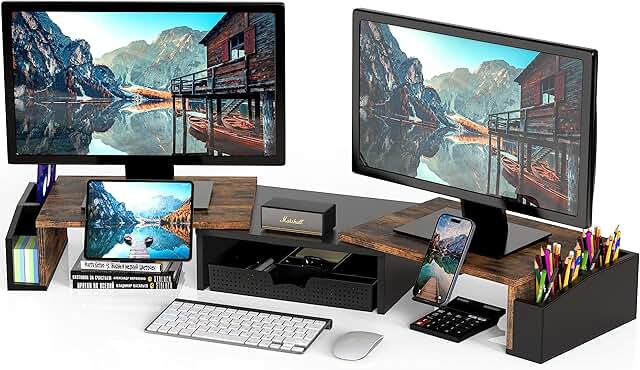 Rustic Brown Dual Monitor Stand with Drawer