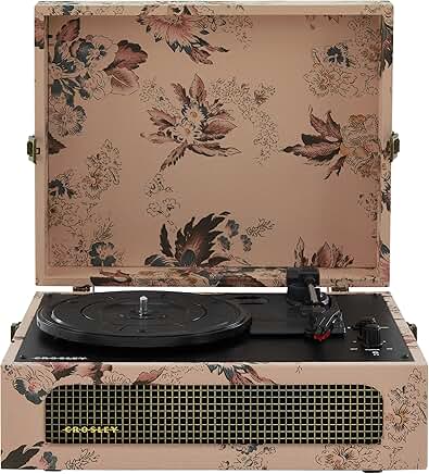 Vintage portable vinyl record player with Bluetooth and built-in speakers