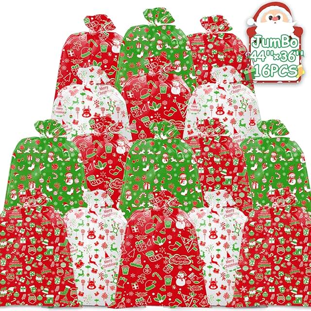 Large Waterproof Christmas Gift Bags, 16 Pack