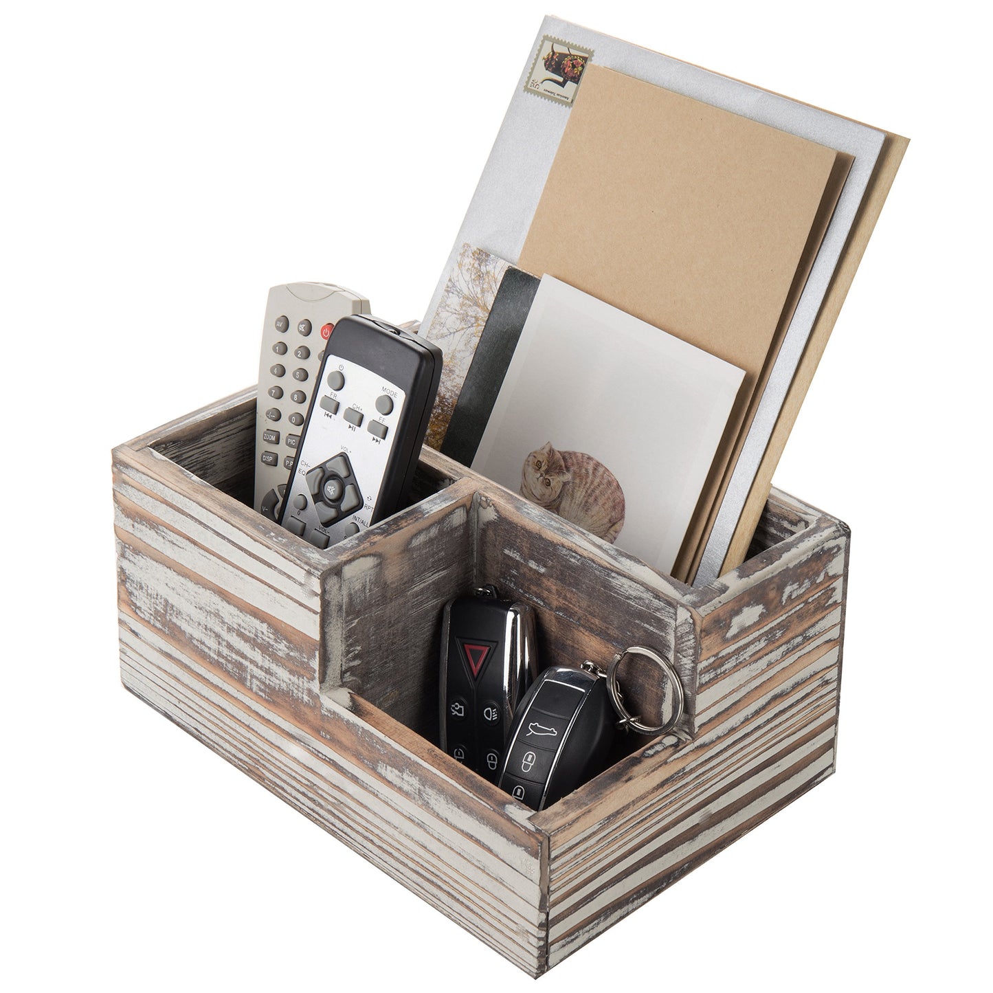 Wooden TV remote and stationery organizer with three compartments