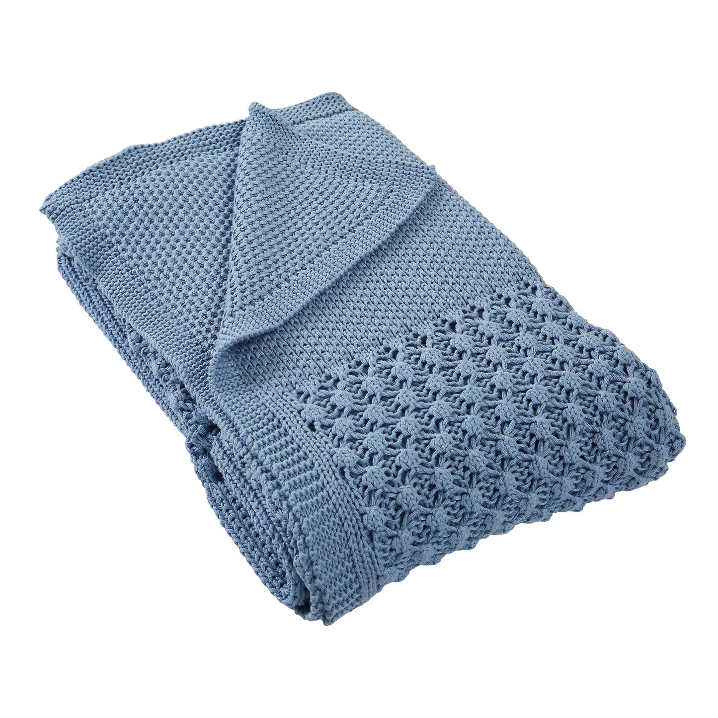 100% Cotton Cable Knit Throws Popcorn Stitch with Border Blue