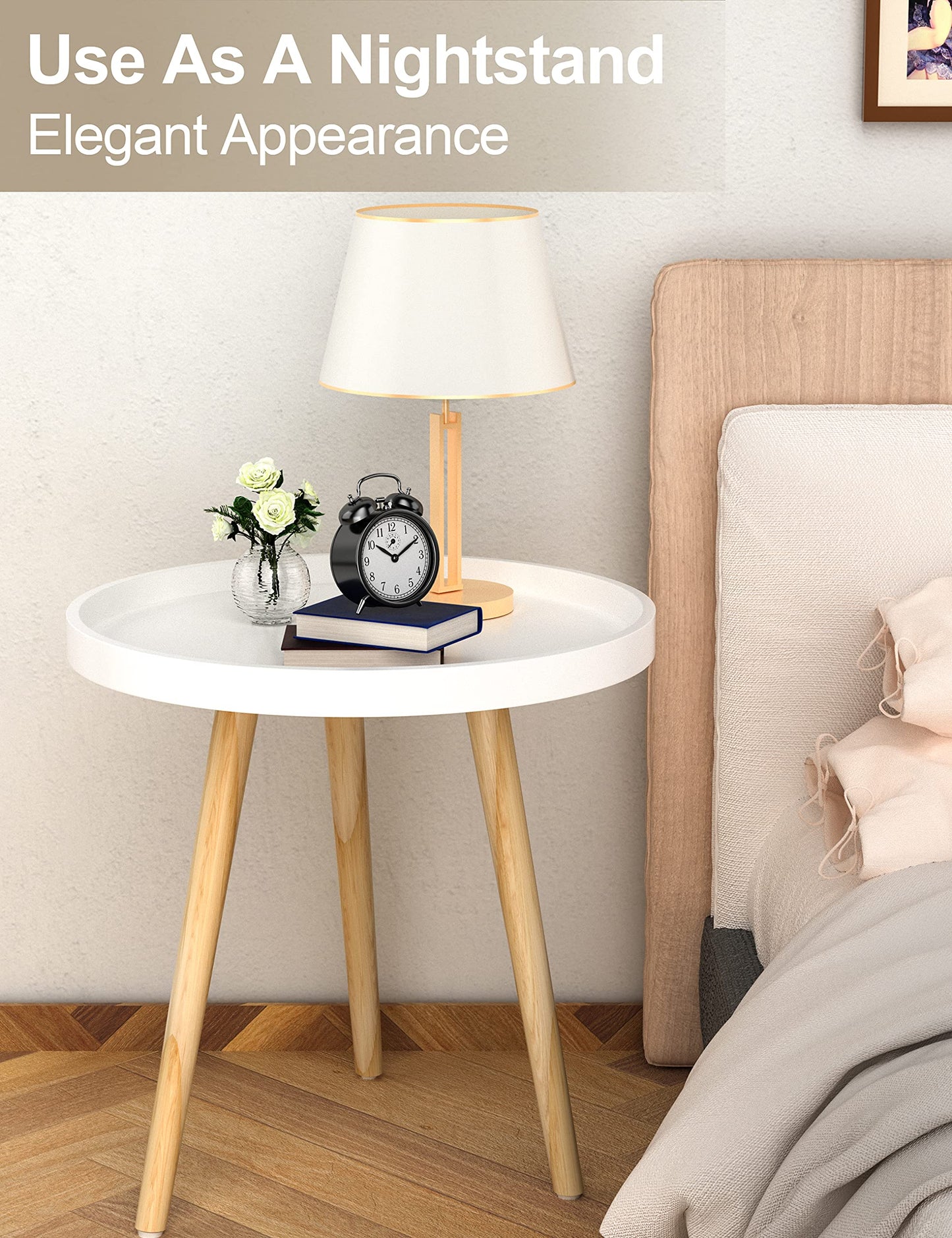 Side Table, White End Table, Small Sofa End Table Indoor Accent Table for Small Spaces, Living Room, Bedroom, Balcony, Easy Assembly Decor Bedside Table with Wood Legs Wood)