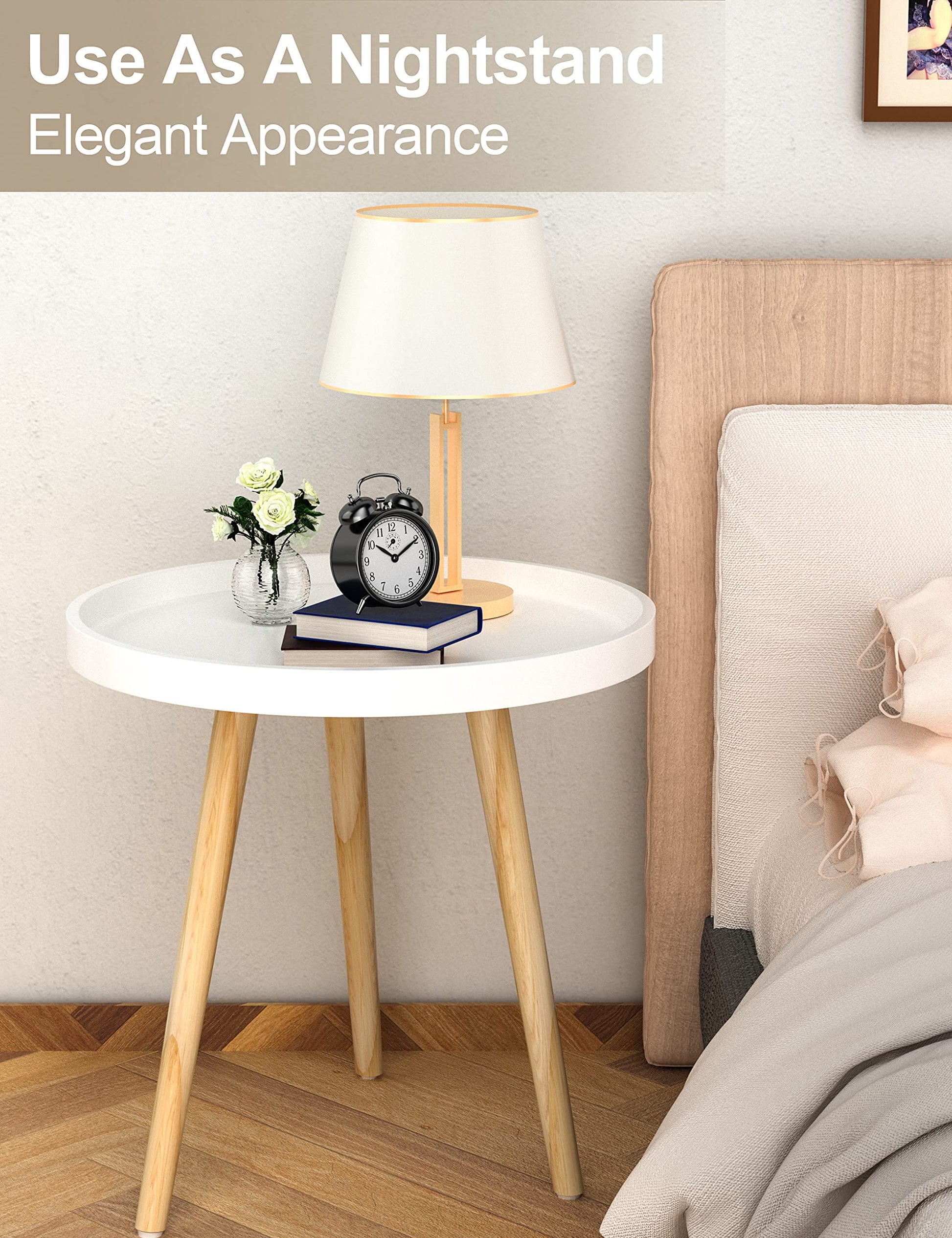 Side Table, White End Table, Small Sofa End Table Indoor Accent Table for Small Spaces, Living Room, Bedroom, Balcony, Easy Assembly Decor Bedside Table with Wood Legs Wood)