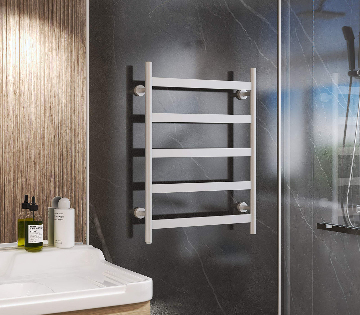 HEAT E Towel Warmer 5 Flat Bar Towel Dryer Wall-Mounted Plug-in Bath Towel Heater  Gloss White