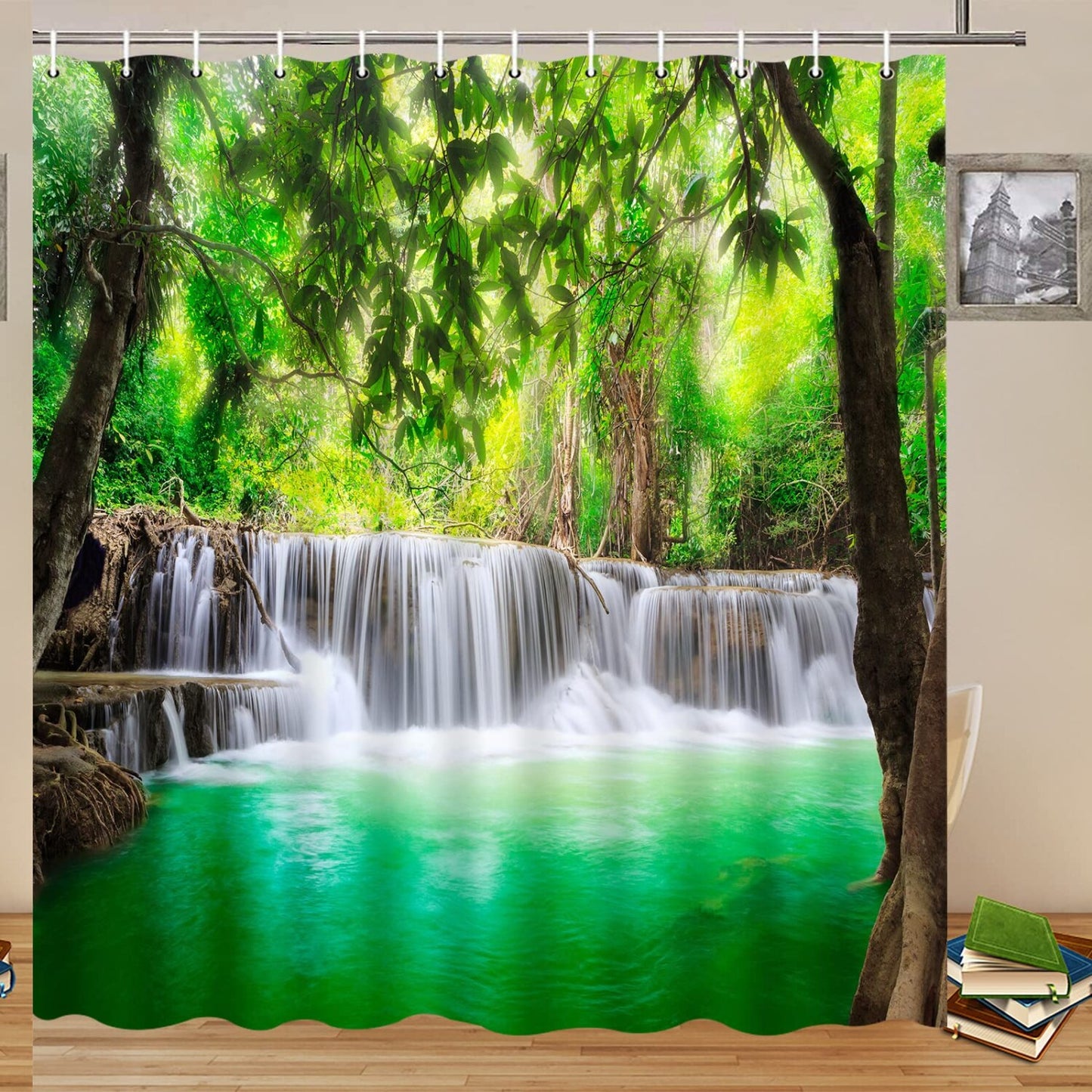 Waterfall Forest Shower Curtain 70x70 Inch Green Polyester