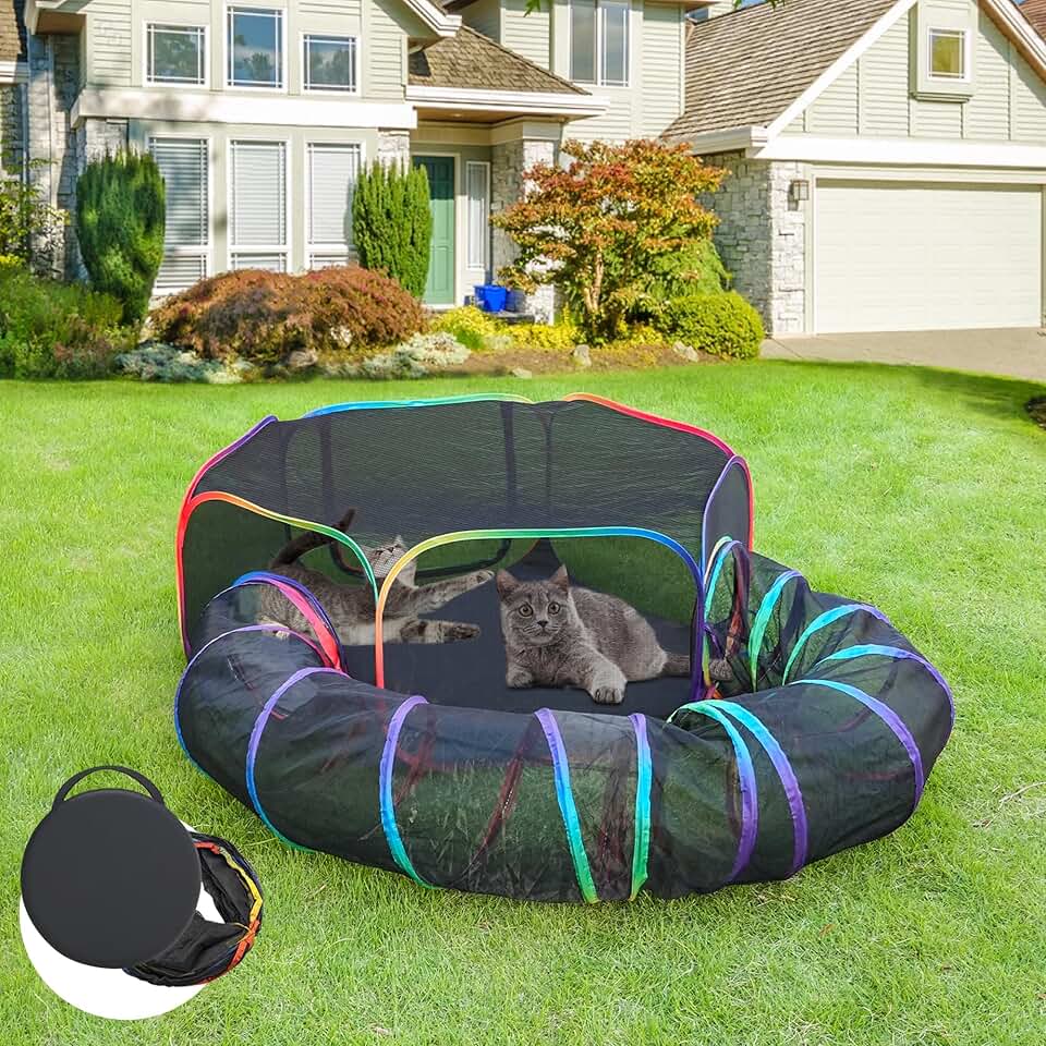 Portable outdoor cat playpen with tunnel and storage