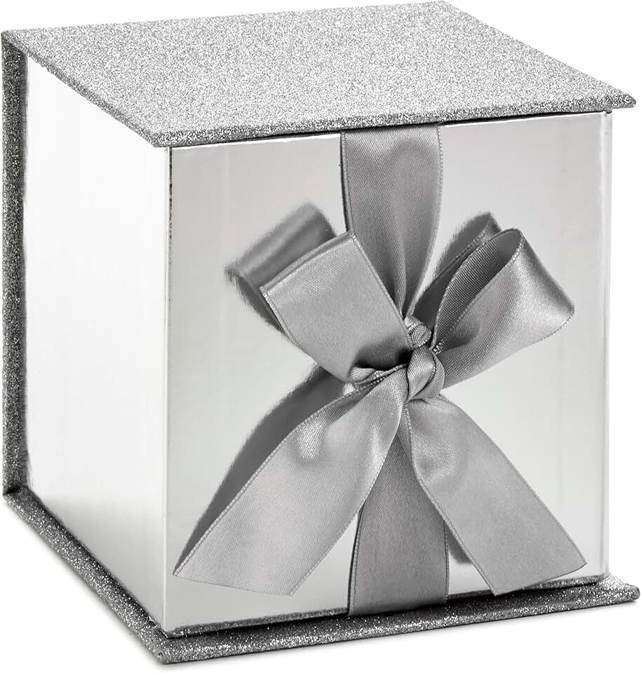 Small Silver Gift Box with Bow and Shredded Paper