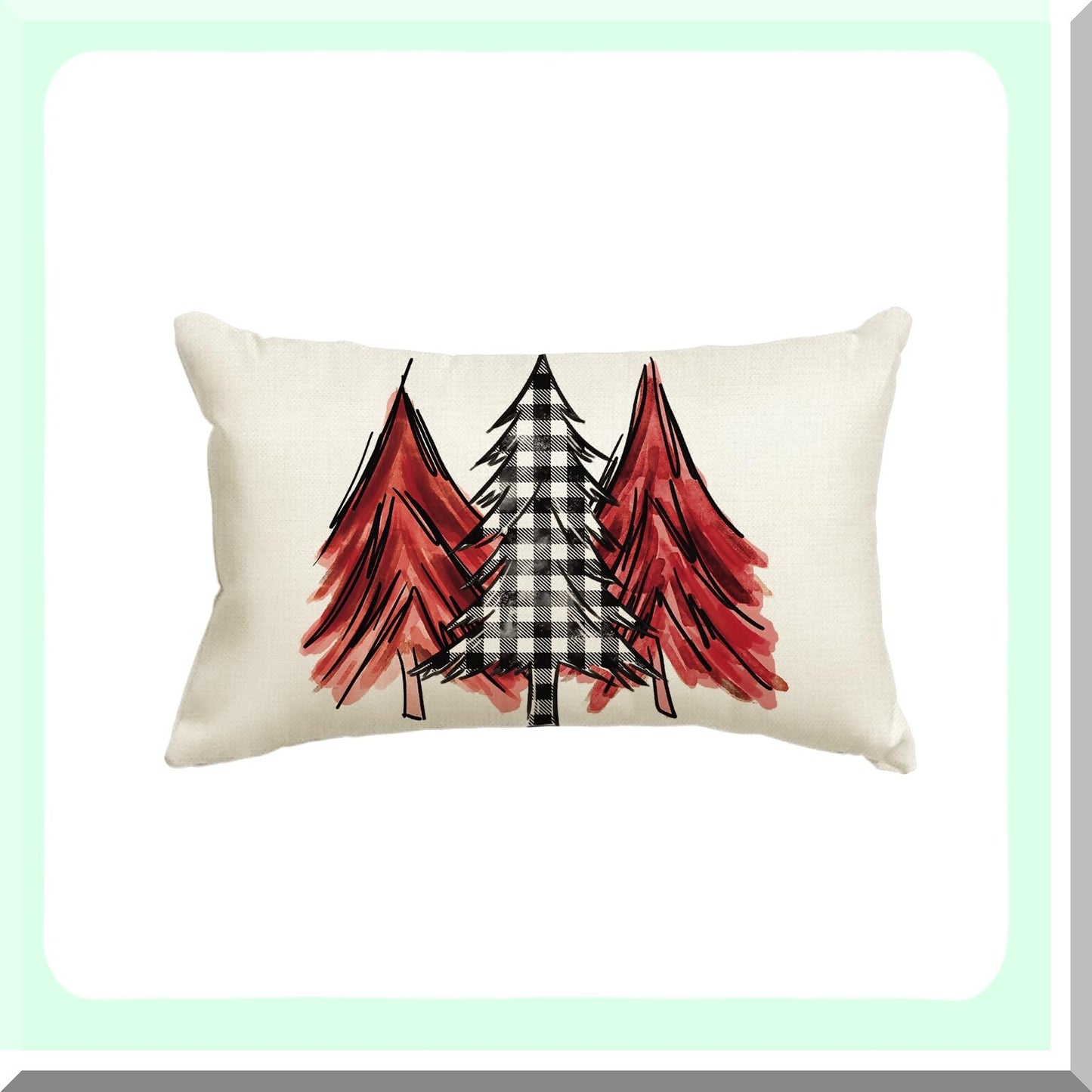 Holiday Red Buffalo Plaid Watercolor Tree Pillow Cover - 12x20 Inch Cushion Case for Sofa Couch Decoration