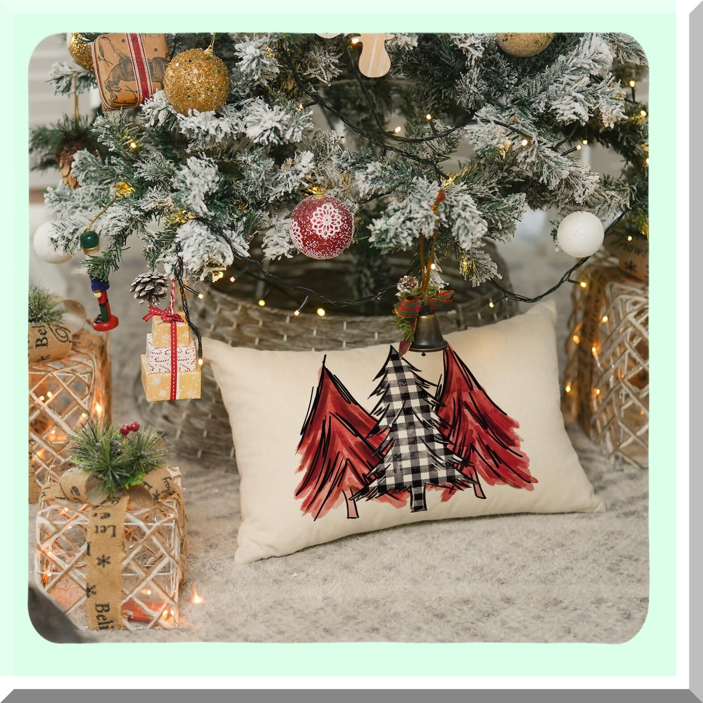 Holiday Red Buffalo Plaid Watercolor Tree Pillow Cover - 12x20 Inch Cushion Case for Sofa Couch Decoration