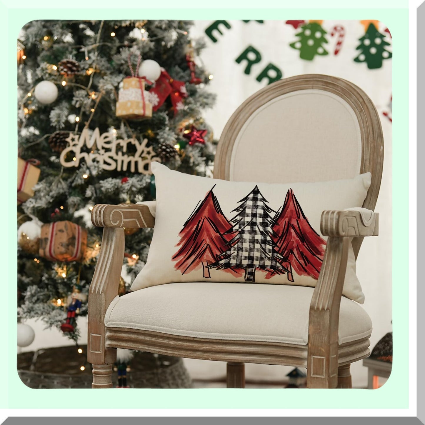 Holiday Red Buffalo Plaid Watercolor Tree Pillow Cover - 12x20 Inch Cushion Case for Sofa Couch Decoration