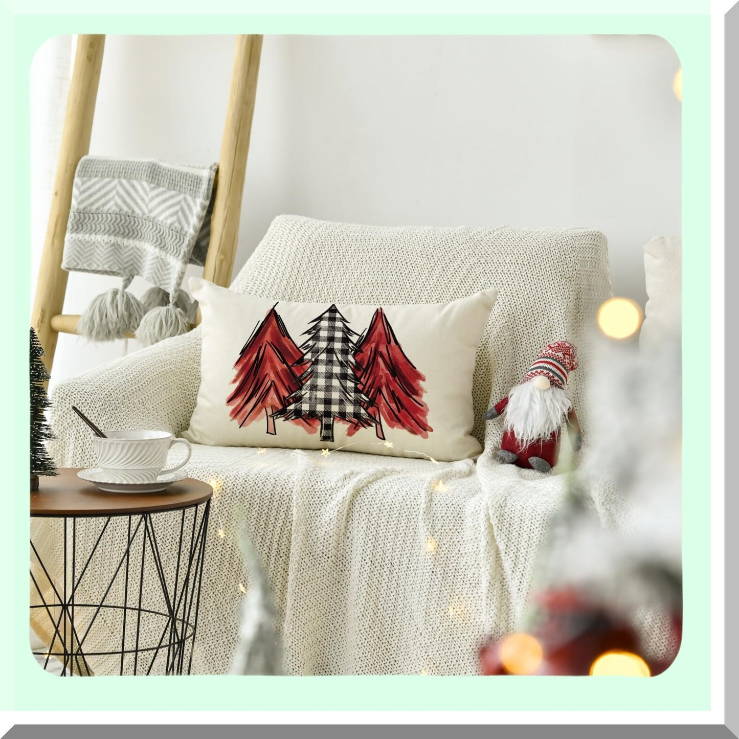 Holiday Red Buffalo Plaid Watercolor Tree Pillow Cover - 12x20 Inch Cushion Case for Sofa Couch Decoration