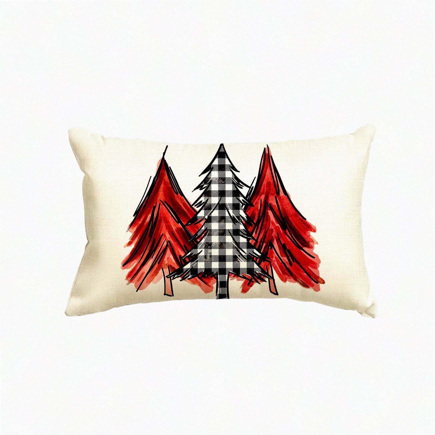Holiday Red Buffalo Plaid Watercolor Tree Pillow Cover - 12x20 Inch Cushion Case for Sofa Couch Decoration