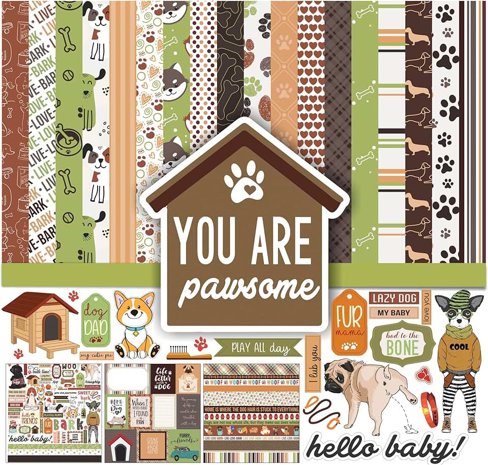 Brown and green dog-themed scrapbook paper set