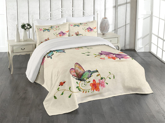 Butterfly Coverlet, Springtime Flying Moths on Vintage Style Background Wings Transformation, 3 Piece Decorative Quilted Bedspread Set with 2 Pillow Shams, Queen Size, Cream Pink