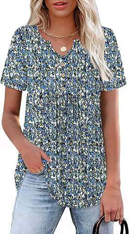 Women's Floral V-Neck Short Sleeve Blouse for Summer