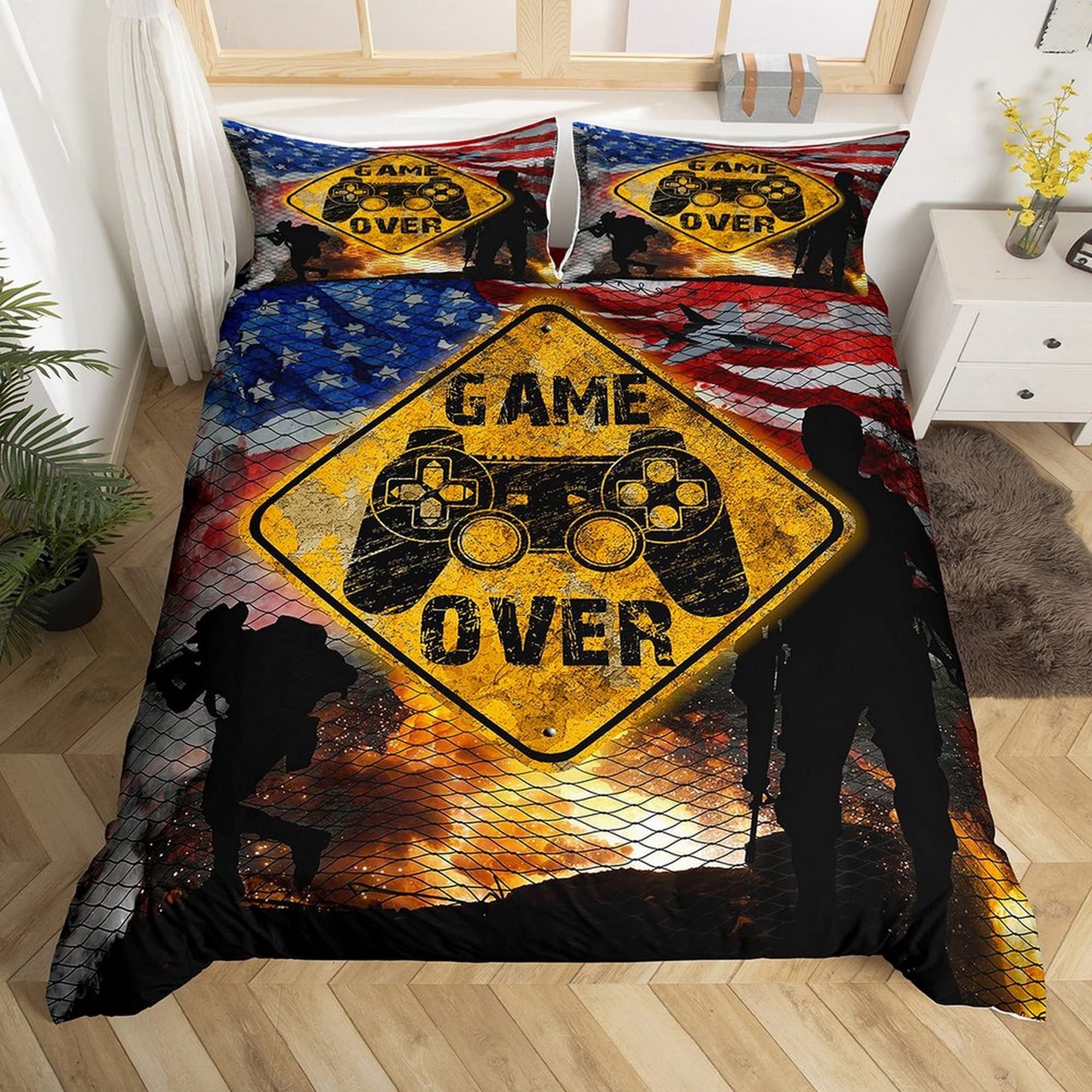 Army Soldier Bedding Set Twin Size for Kids Boys Bedroom, Flag Bed Duvet Cover Set,Modern Gamepad Reversible Comforter Cover Video Games Decor 2 Pieces 1 Duvet Cover with 1 Pillowcase