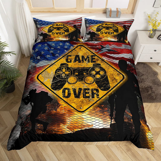Army Soldier Bedding Set Twin Size for Kids Boys Bedroom, Flag Bed Duvet Cover Set,Modern Gamepad Reversible Comforter Cover Video Games Decor 2 Pieces 1 Duvet Cover with 1 Pillowcase