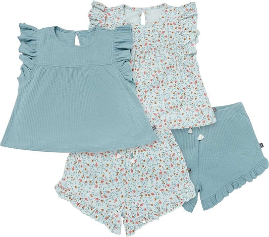 Baby Girl's 4-Piece Outfit with Flutter Tops and Ruffle Shorts