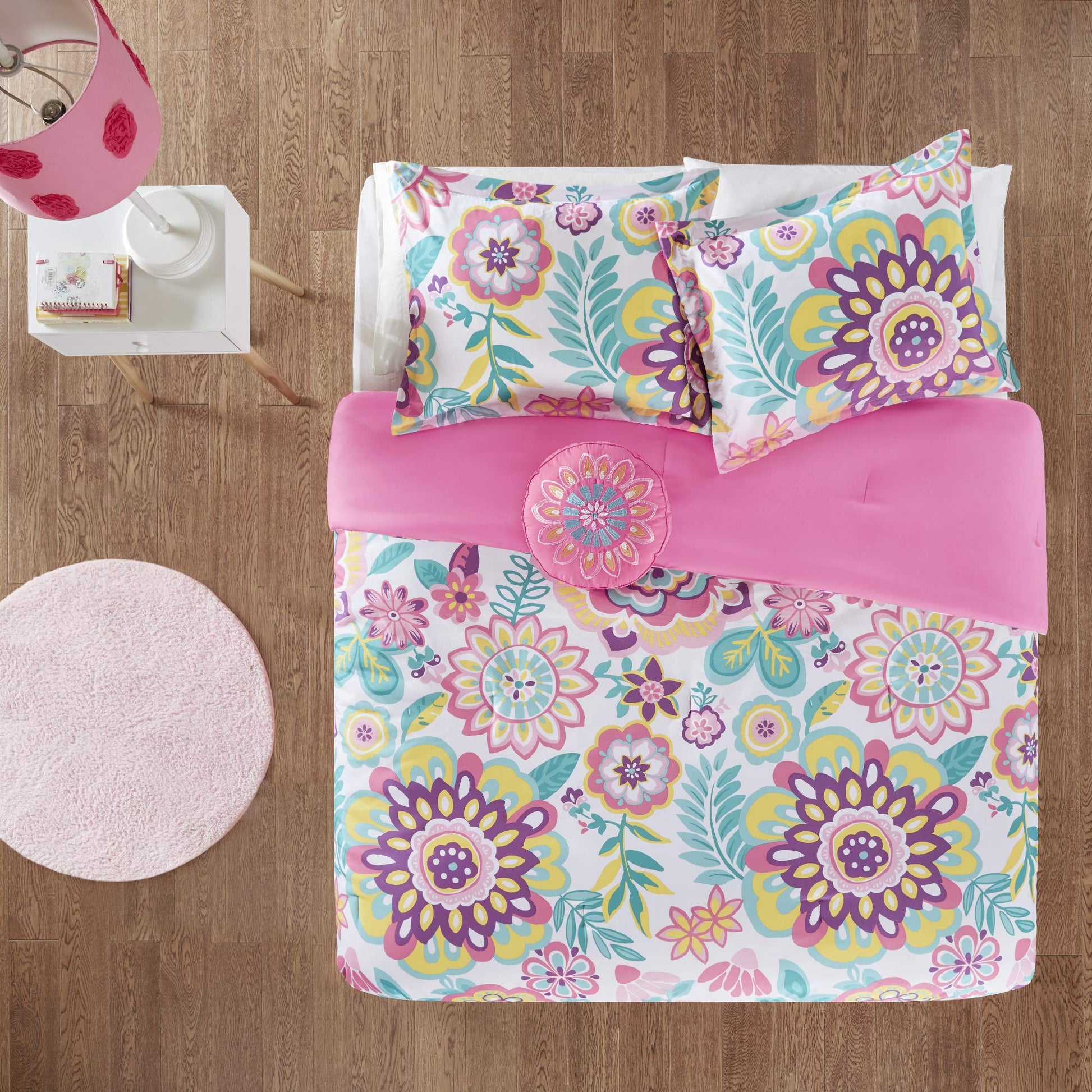 Camille Comforter Set, Vibrant Flowers Design All Season Teen Bedding, Matching Sham, Decorative Pillow, Girls Bedroom Dcor, Full/Queen, Pink 4 Piece