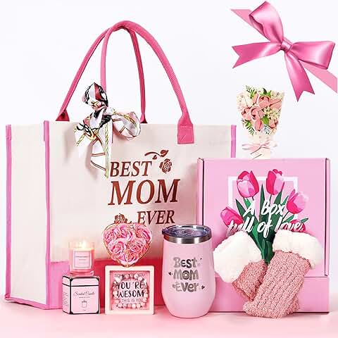 Unique birthday gifts for mom with tote, tumbler, candle, rose, socks, bracelet, card