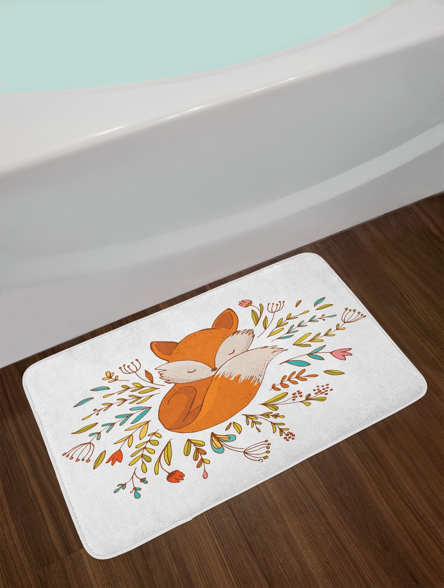 Cartoon Bath Mat, Baby Fox Sleeping in a Floral Made Bed Circle Art Print, Plush Bathroom Decor Mat with Non Backing, 29.5" X 17.5", Dark Orange