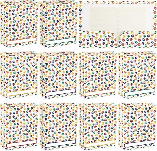 24 Paw Print Dog Folders with Pockets for Kids and Students