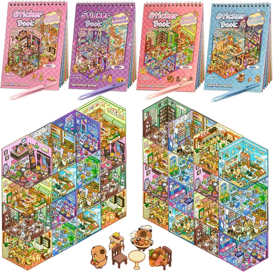 Set of 4 Sticker Books with 1200+ Stickers and 32 3D Scenes